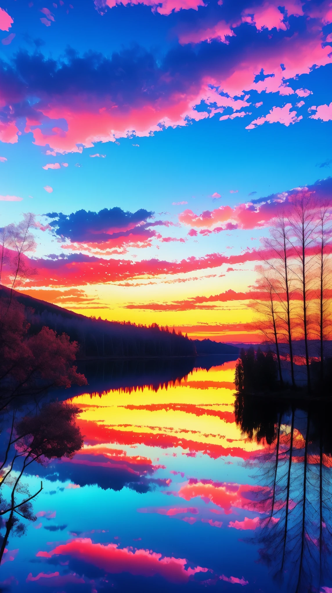 lake and trees々A beautiful sunset can be seen against the backdrop of, Colorful sky, Surreal colors, Colorful sunset, colorful sky, Amazing reflection of the sky, Beautiful sky, Dreamy atmosphere 8k, Multicolored clouds, Colours reflected in the lake, Surreal Sky, red and blue reflections, fire reflection, Beautiful sky, Beautiful and spectacular sunset, beautiful dreamy landscape, Beautiful sky