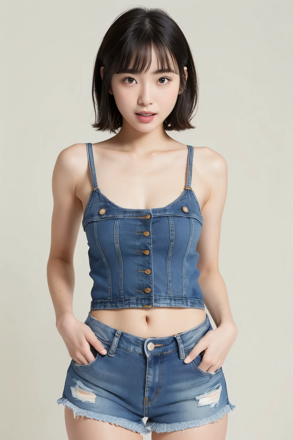 The beauty of 8K original photos:2.0, Japanese woman, short hair, 18 years old, Big face and dark eyes, Looking at the audience:1.5, A bright smile, Sticking out tongue, Show your tongue, wet hair, Show crotch, Open your legs, show your camel toe:1.2, Small top, Place your hands on your hips, (Denim shorts:1.2), Smooth skin, Practical:1.9, Very detailed, Standing cowboy shot from bottom:1.2, High-resolution RAW color photos, Professional photos, Taken in the studio, solid color wallpaper, Sexy portrait of girl