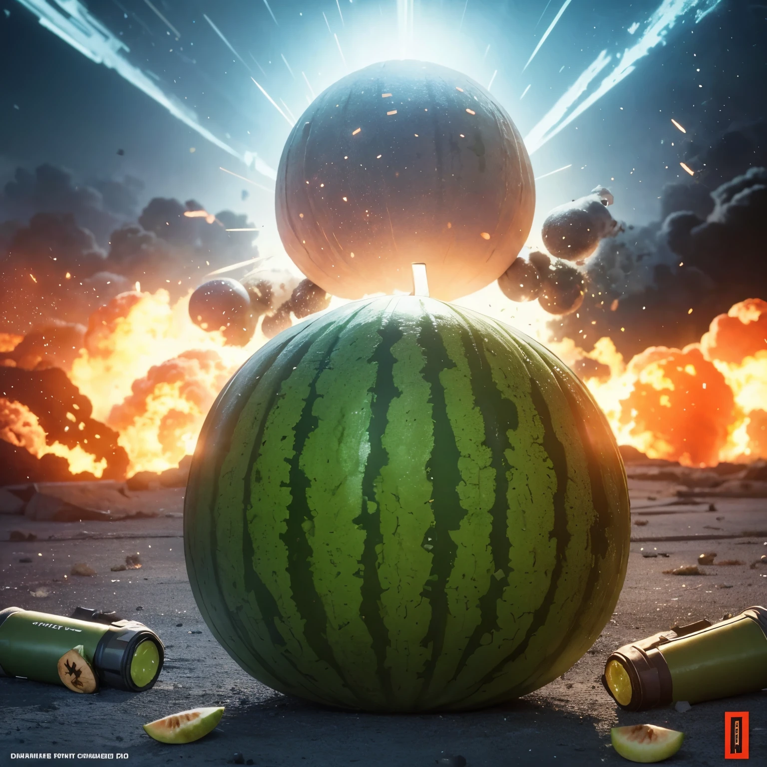 Make a poster with a picture of a melon product with a variety of grenades on it so you want to explode with a dramatic atmosphere
