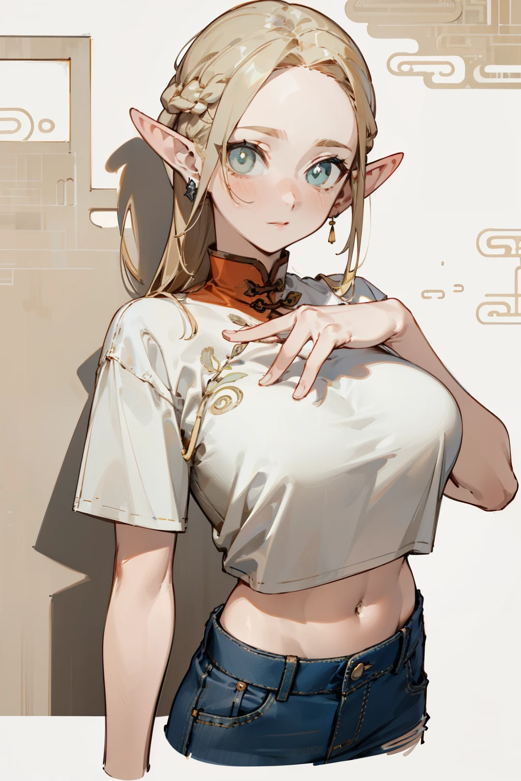 (masterpiece, best quality) detailed,silver accessories , Blonde ,elegant, Pointed ears ,Chinese element pattern,Wear a white shirt and denim skirt,ripped cropped T-shirt,Navel exposed, big breasts
