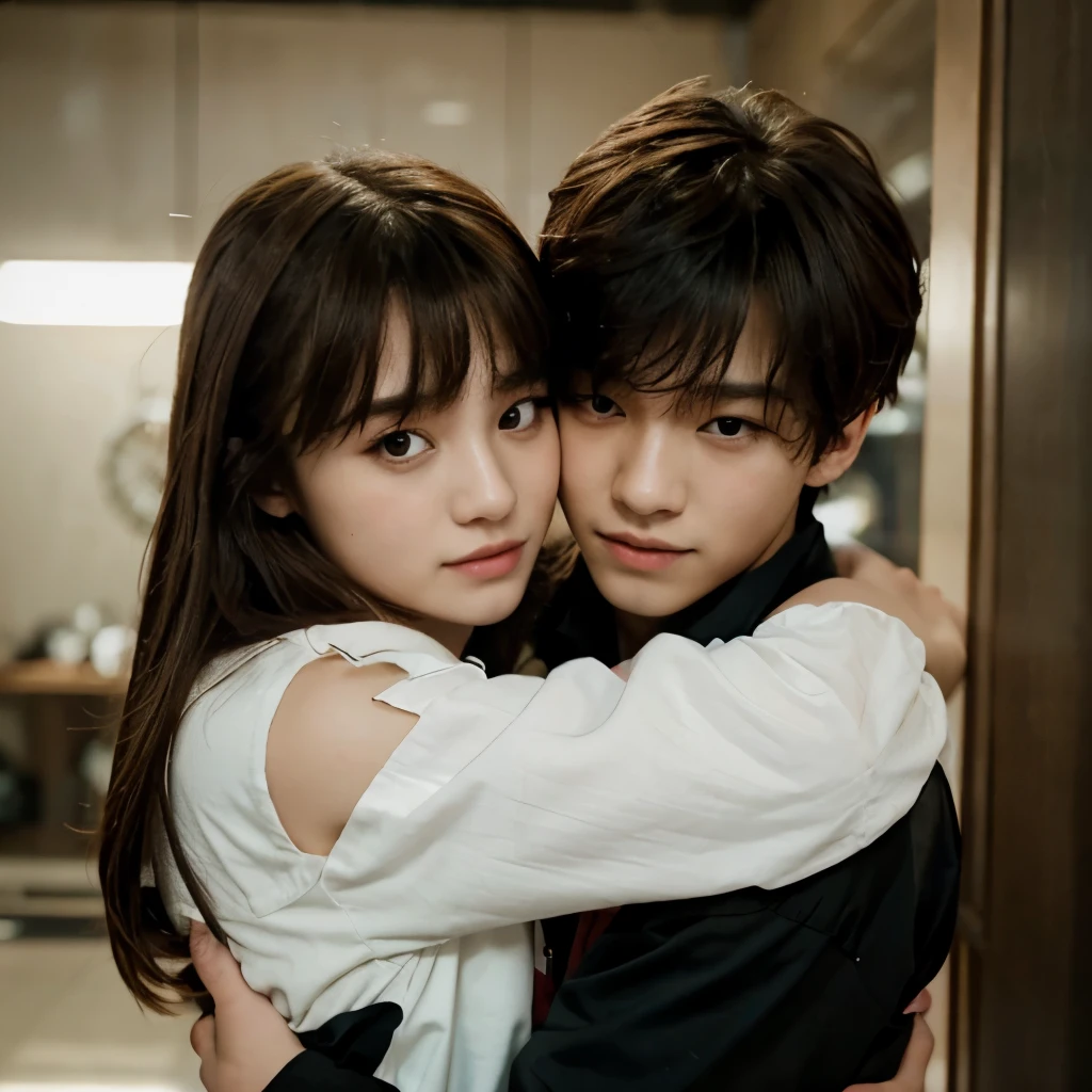 BangChan from stray kids and a girl with brown hair with bangs hugging each other