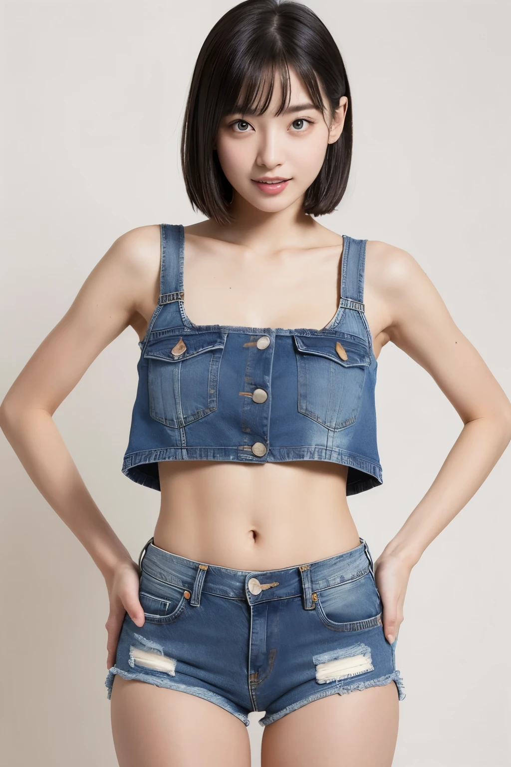 The beauty of 8K original photos:2.0, Japanese woman, short hair, 18 years old, Big face and dark eyes, Looking at the audience:1.5, A bright smile, Sticking out tongue, Show your tongue, wet hair, Show crotch, Open your legs, show your camel toe:1.2, Small top, Place your hands on your hips, (Denim shorts:1.2), Smooth skin, Practical:1.9, Very detailed, Standing cowboy shot from bottom:1.2, High-resolution RAW color photos, Professional photos, Taken in the studio, solid color wallpaper, Sexy portrait of girl