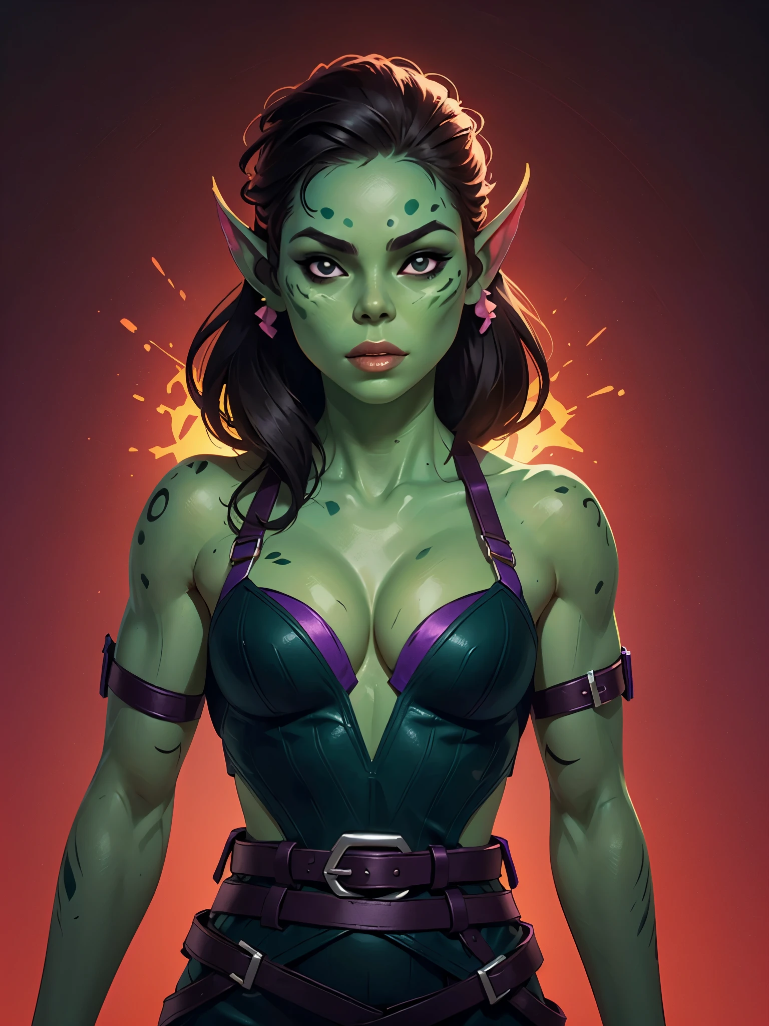 one githyanki girl, githyanki, (green skin, pointy ears, long ears:1.5), solo, (slender body:1.2), (muscular, upper body, bust:1.2), black eyes, black hair, (revealing outfit, tiny breasts, small breasts, male chest, cleavage, exposed body:1.5), bare shoulders, (belts, shoulder-belts:1.3), masterpiece, highly detailed, look at viewer, shiny blured orange background, gradient sprayed background, front view, gradient red purple background, blured background, glowing edges of image