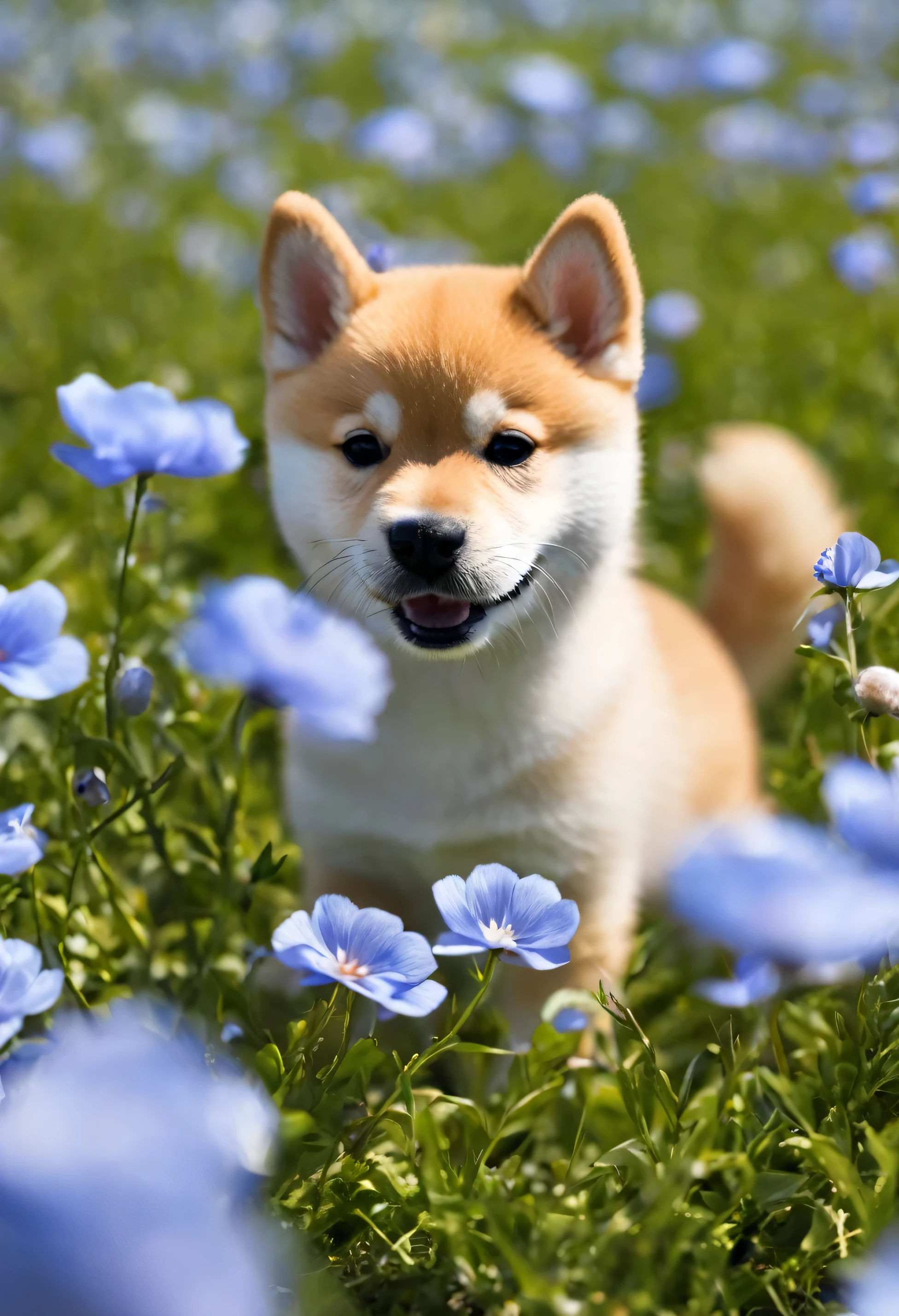 shiba inu puppy in a blue flower field
