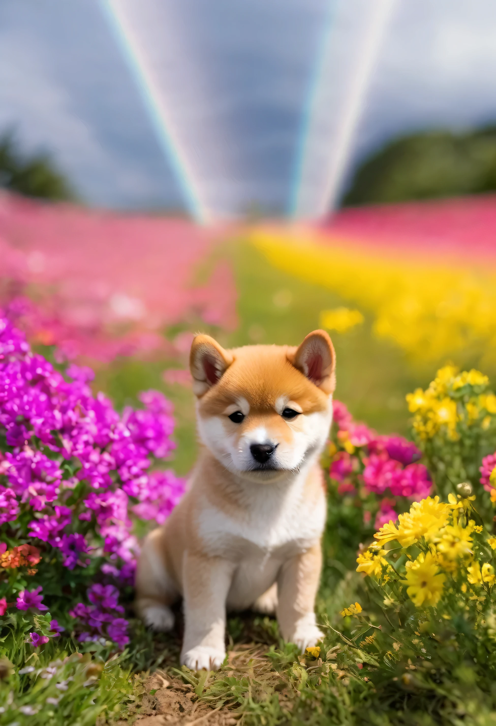 shiba inu puppy in a rainbow field