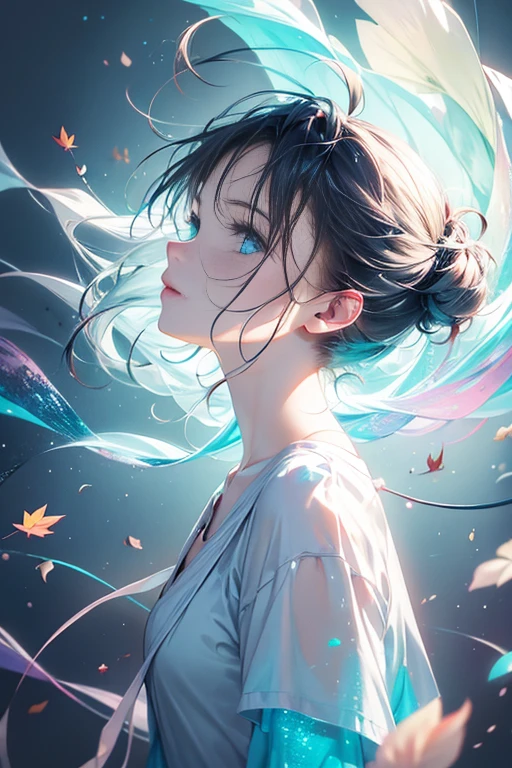 woman with agnes cecile, glowing design, pastel colors, ink drops, autumn lights