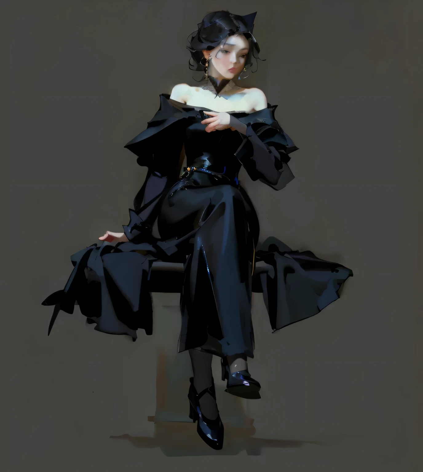 (masterpiece, Best quality), ((1 person)), Young woman, Young woman-кошка, princess in an elegant black dress, Black Ball Gown, is sitting, in a sitting position, Beauty, dramatic, Black tone, BREAK Underexposed lighting,