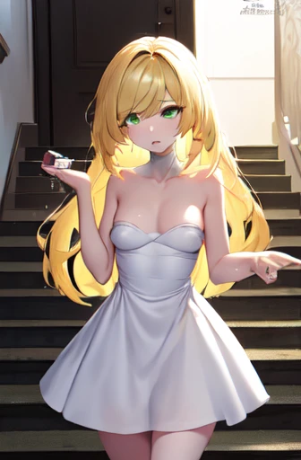 ((best quality)), ((Very detailed)), masterpiece, absurd, (Meticulous body, Deep eyes), (1), Cowboy shooting, Lusamin, blond, Very long hair, Green Eyes, Medium breasts, (Naked without white dress), completely naked, Green gemstones, High heel, white shoes, (indoors, on the stairs), Side milk,No underwear,Naked upper body,No clothes on the lower body,Expose,Expose生殖器,Ludongdong,Expose,Expose子宫
