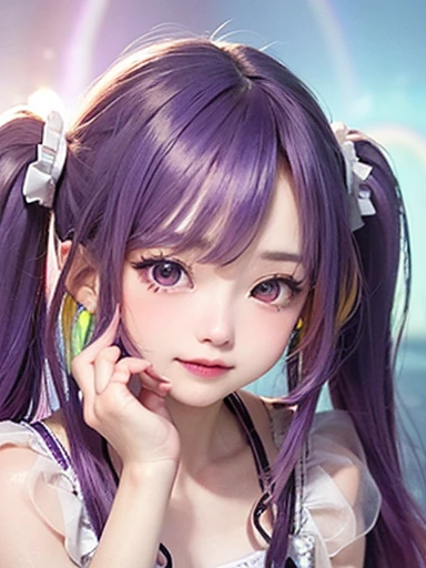 Small face、 )Very detailed,Bright colors, Very beautiful detailed anime faces and eyes, Look straight ahead,  Shiny_skin,girl, (((Rainbow Hair, Colorful Hair, Half purple hair、half red hair: 1.2))), 、Shiny hair, Delicate beautiful face, blush、Glasses、(Turquoise Eyes), , Valletta, Earrings,、（(Flower Garden、Sunset、Luxury Hotel)）、((Silver、translucent、Short sleeve、Floral、race、ta、blouse))、（Twin tails）、（smile、Happy Face、face dyed red）、Cheerful pose、dynamic、Upper Body、