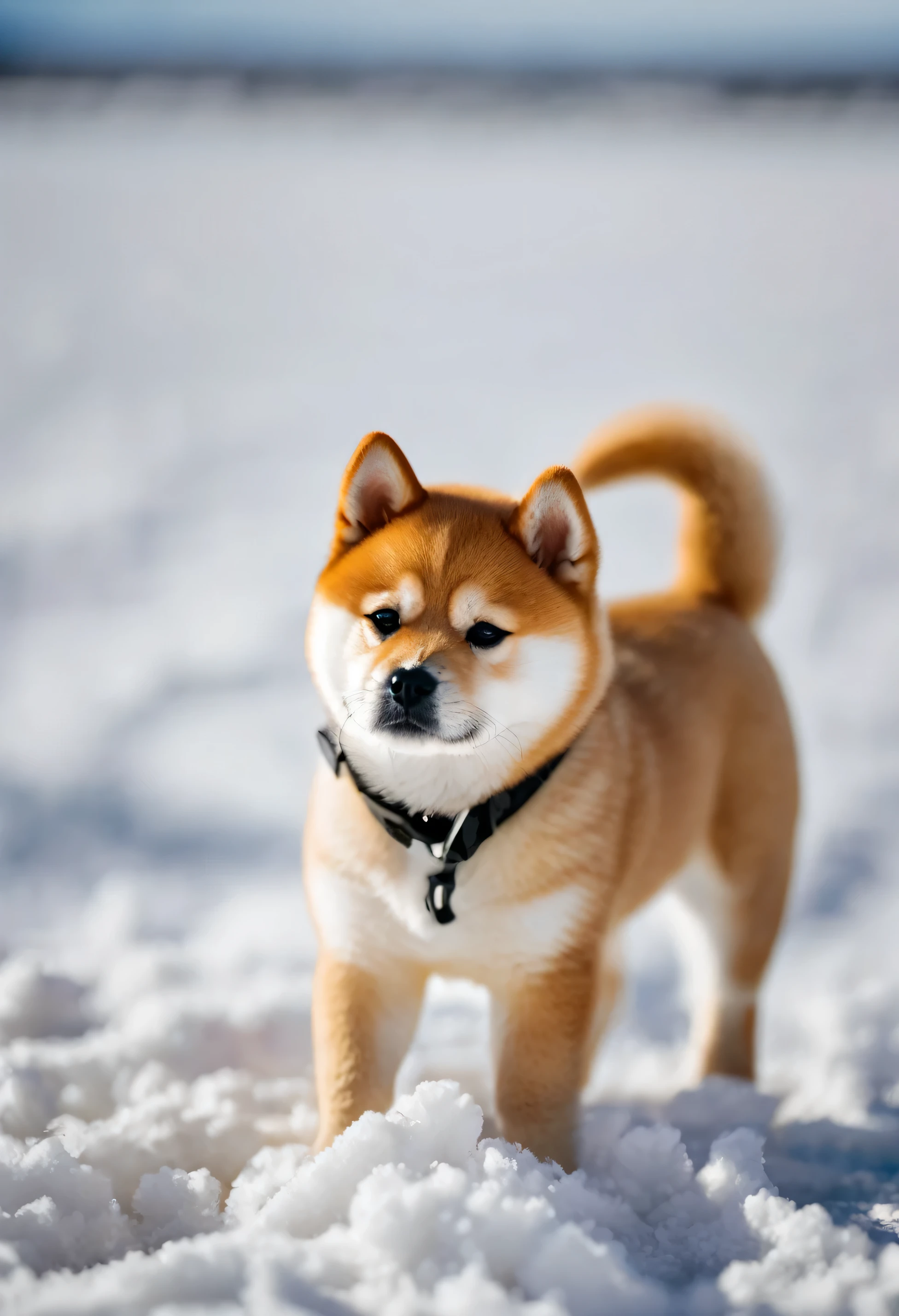 shiba inu puppy in a white field