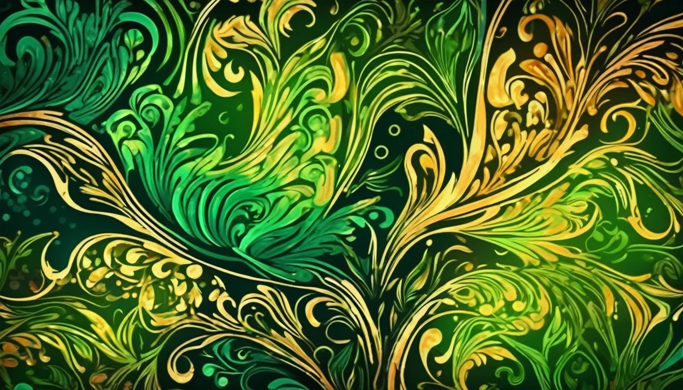 A batik style image of beautiful abstract patterns. Green prominent. Dark background.