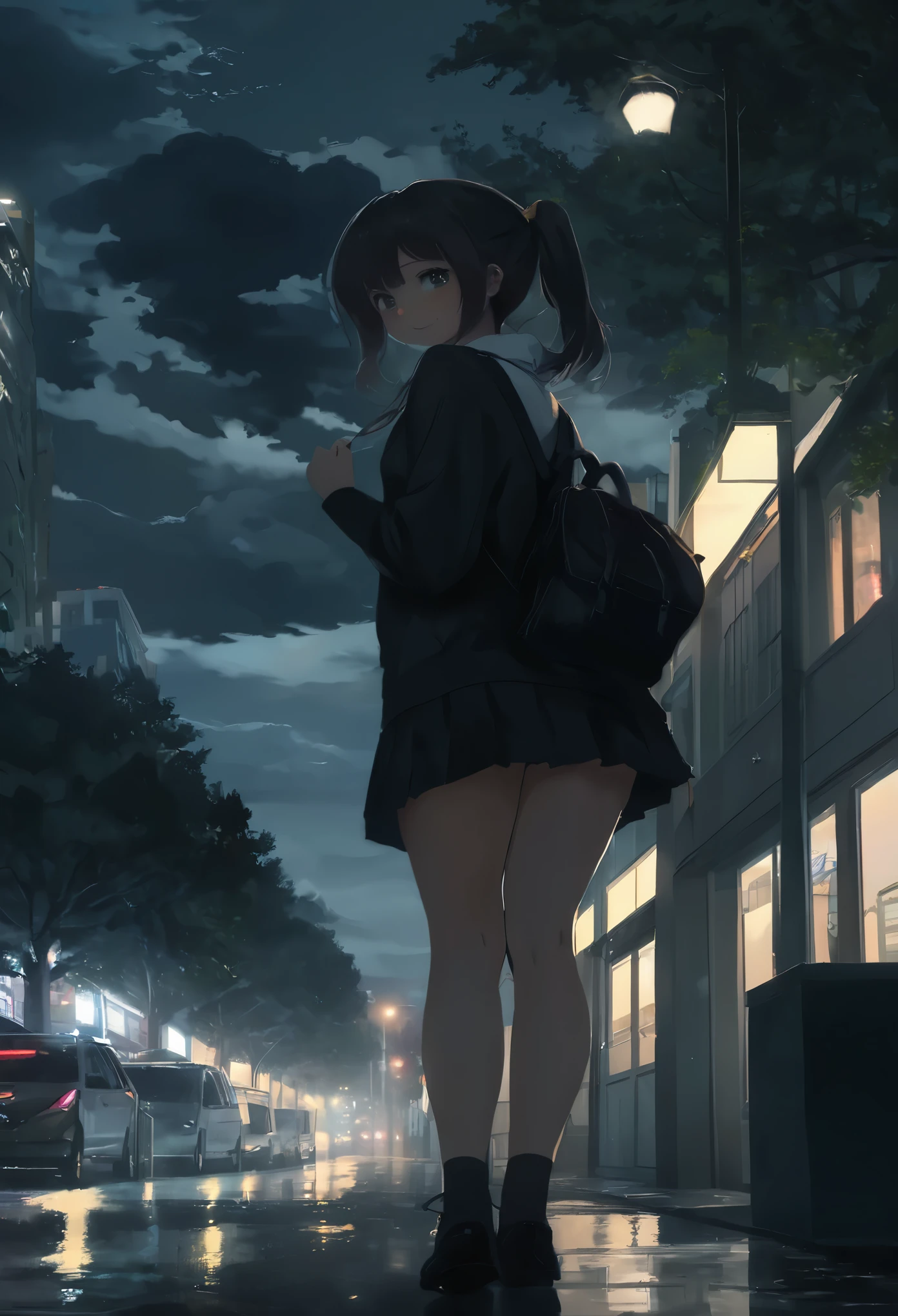 Late night city, trees,Many dark clouds ,Beautiful girl, , , student