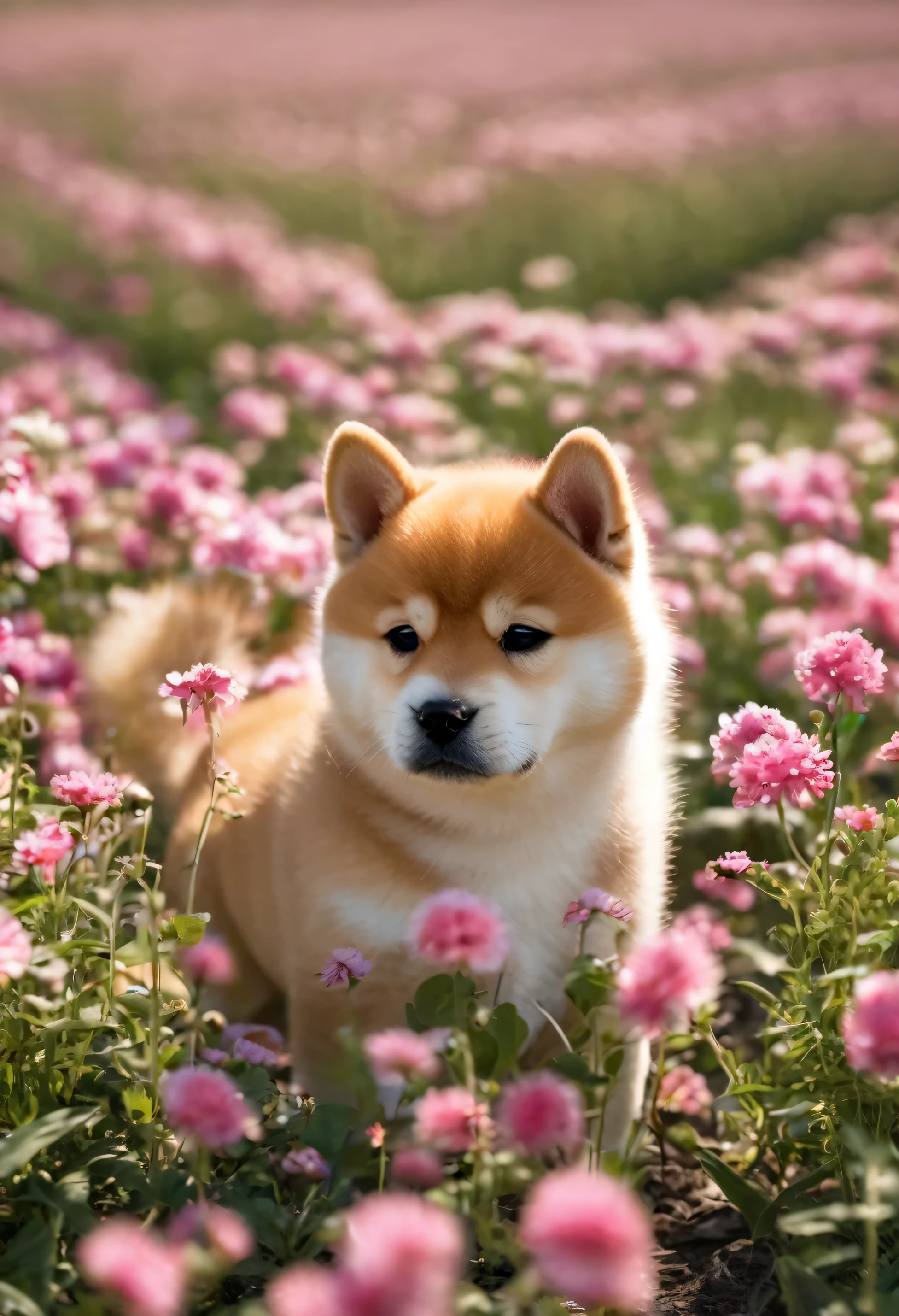 shiba inu puppy in a flower field