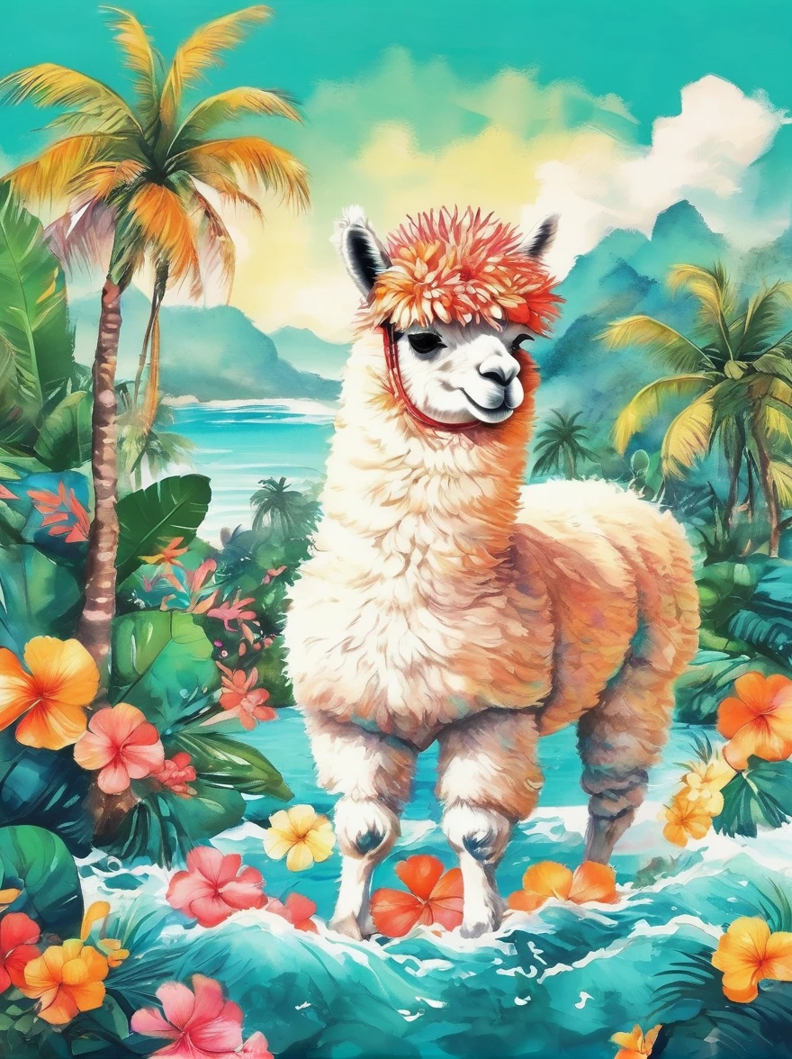 Imaginative illustrations,Tropical theme colors,(portrait:1.8),(Fluffy Alpaca:1.5),(personification:1.3),(Alpaca Focus:1.5),Bright colors,Gorgeous,Dazzling accessories,Expressive faces,Standing,Luxurious fur,Shine brightly,warm sunshine,neon green,Intense teal with bright coral accents,The energy of a tropical paradise,Tiny glitter particles are scattered throughout their fur.,Suggesting the glitter of sunlight reflecting off the waves,Their paws gently hold a fresh coconut,Further strengthening the tropical theme, Ink Painting, Chinese,