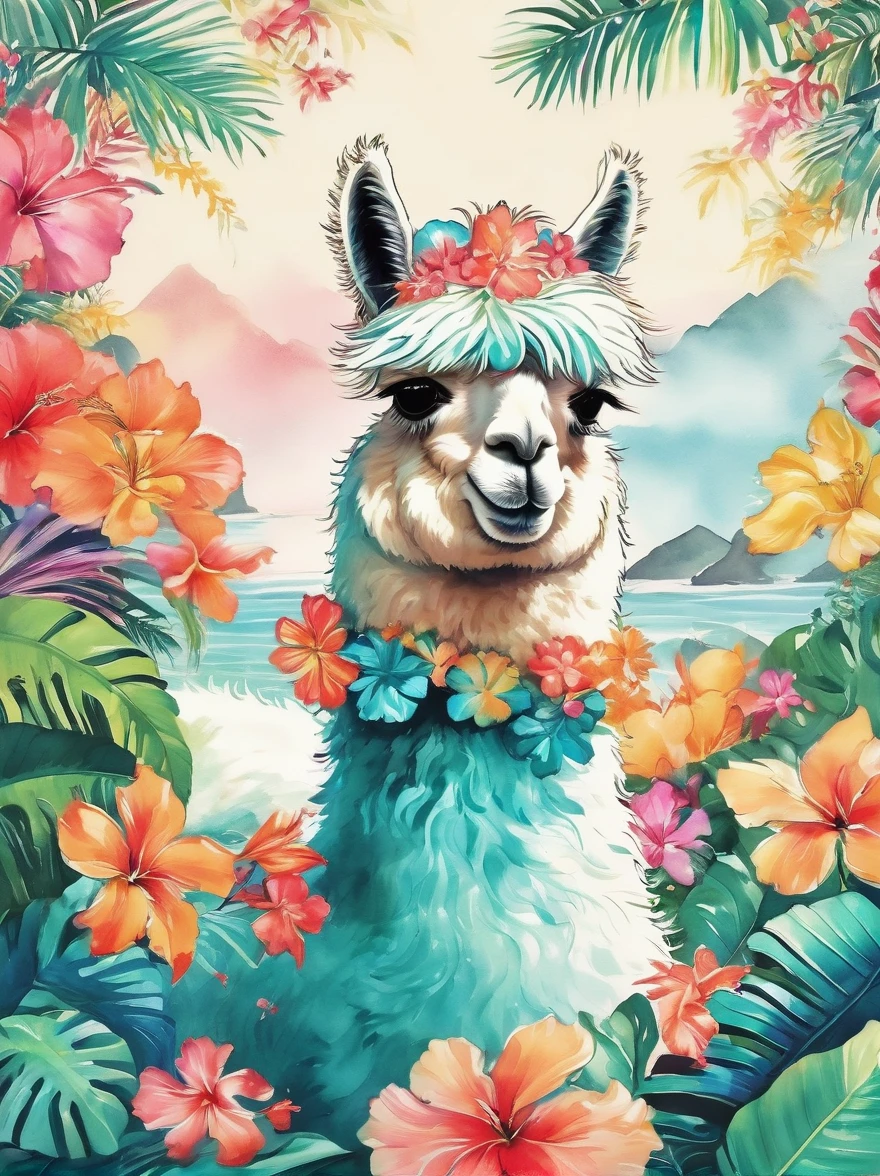 Imaginative illustrations，Tropical theme colors，(portrait:1.8)，(Fluffy Alpaca:1.5)，(personification:1.3)，(Alpaca Focus:1.5)，Bright colors，Gorgeous，Dazzling accessories，Expressive faces，Standing，Luxurious fur，Shine brightly，warm sunshine，neon green，Intense teal with bright coral accents，The energy of a tropical paradise，Tiny glitter particles are scattered throughout their fur.，Suggesting the glitter of sunlight reflecting off the waves，Their paws gently hold a fresh coconut，Further strengthening the tropical theme, Ink Painting, Chinese,