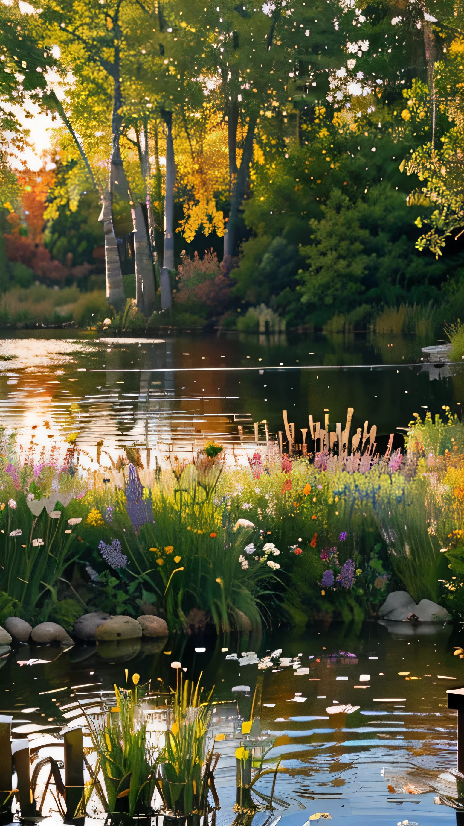 impressionist, silver birch trees, small pond lily plants on,flowers colorful,rocks in the pond, grass moving in wind, ((( white fence ))), spring, silver birches and trees, Small fox sitting by tree,sunset shining stunning light effect,,red and orange sky.soft brush strokes, atmospheric, high quality, impressionist.
