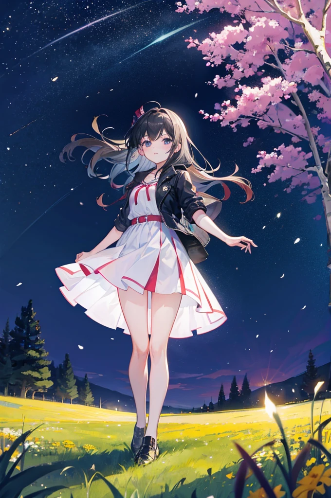a girl is standing in a field at night