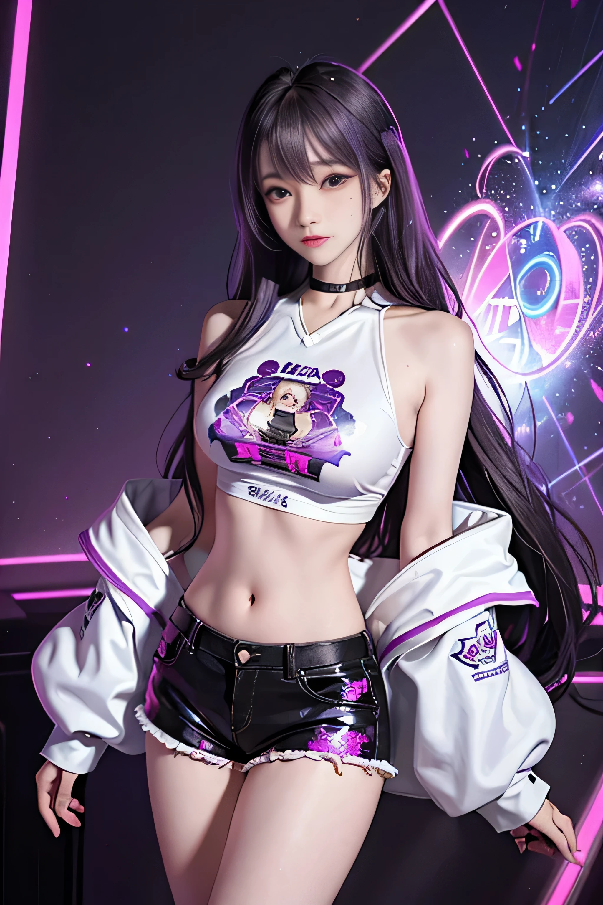 ((masterpiece)), highest quality, Absurd, Super detailed, holographic, Cowboy Shot, very cute girl, mature girl, Super beautiful Asian girl with very beautiful purple glowing eyes, Beautiful, shining white and multi-colored black hair, nice and sexy body, The body is slim, Perfect body, I&#39;m wearing super tight anime print shorts, Super tight shirt with anime print, Super aesthetic pink jacket, looking in a shining mirror, See another version of her from another universe