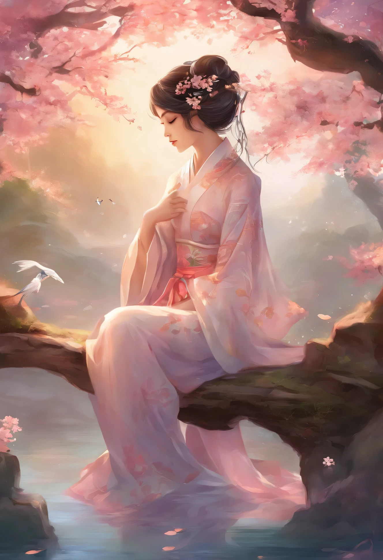 Imaginez une jeune femme posée, breathing grace while'elle tient délicatement une branche ornée de fleurs de cerisier.. Surround it with a traditional Japanese garden, resplendissant de fleurs vives, étangs de carpes koï tranquilles, et une pagode au design complexe. Let the gentle radiance of the emerging sun bathe the scene, giving it an air of tranquility, seduce, and enigmatic charm.