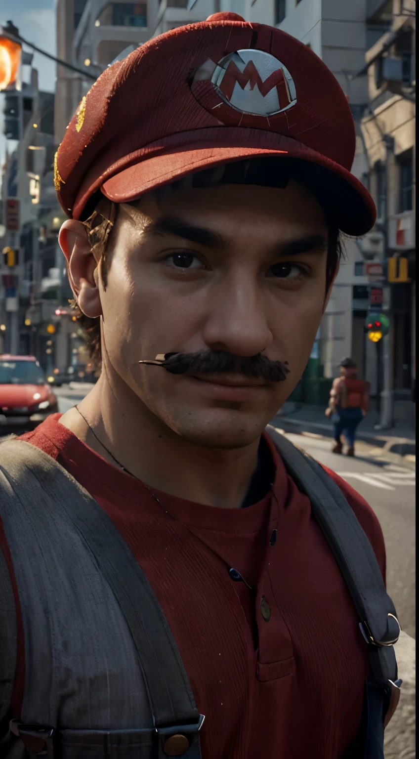 masterpiece, highest quality, Very detailed, Hyper Real, ((Mario Brothers)), Perfect Face, Front view, Cinematic lighting, whole body, (Red Hat), In the middle of the traffic lights、Red Shirt、Blue Overalls
