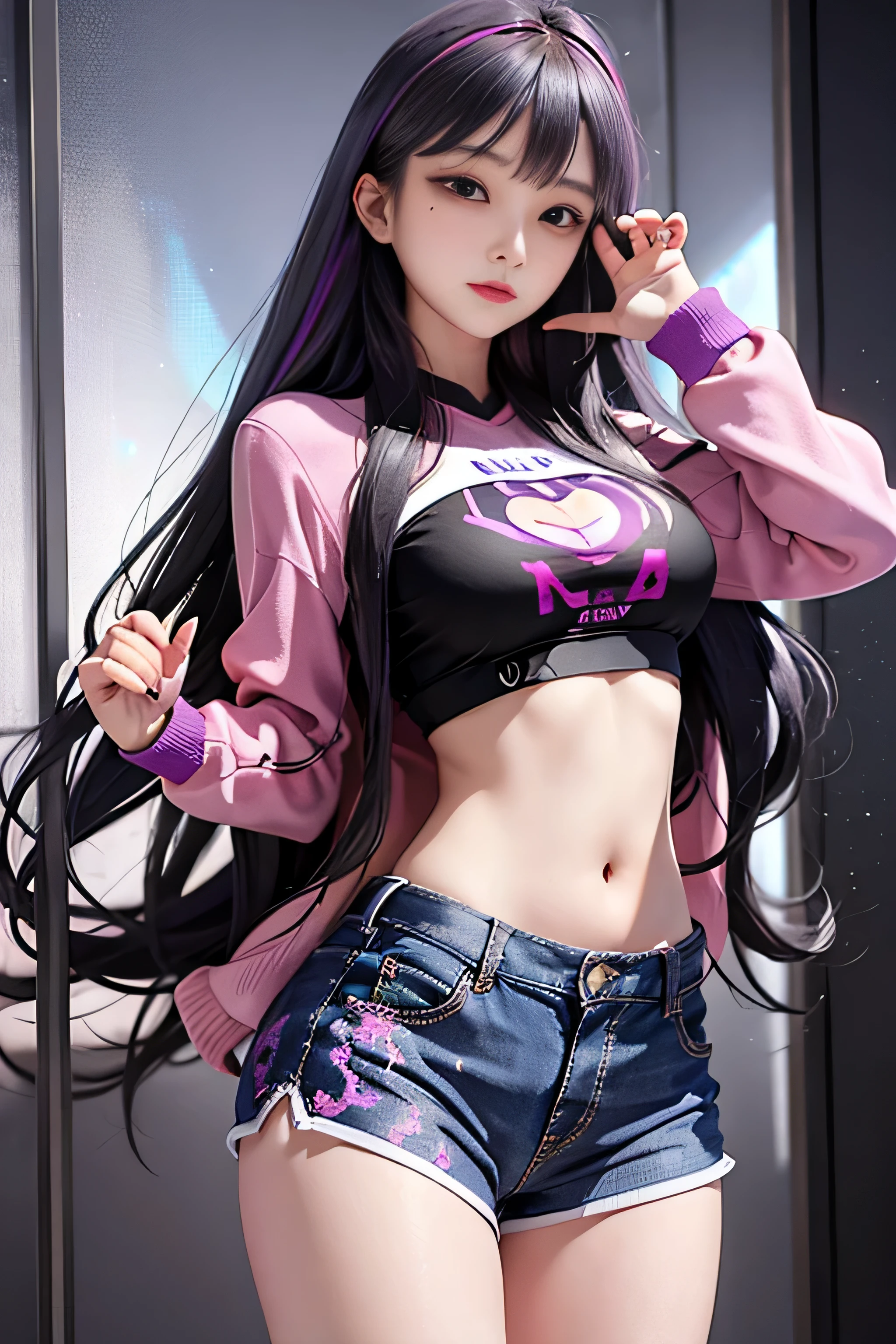 ((masterpiece)), highest quality, Absurd, Super detailed, holographic, Cowboy Shot, very cute girl, mature girl, Super beautiful Asian girl with very beautiful purple glowing eyes, Beautiful, shining white and multi-colored black hair, nice and sexy body, The body is slim, Perfect body, I&#39;m wearing super tight anime print shorts, Super tight shirt with anime print, Super aesthetic pink jacket, looking in a shining mirror, See another version of her from another universe