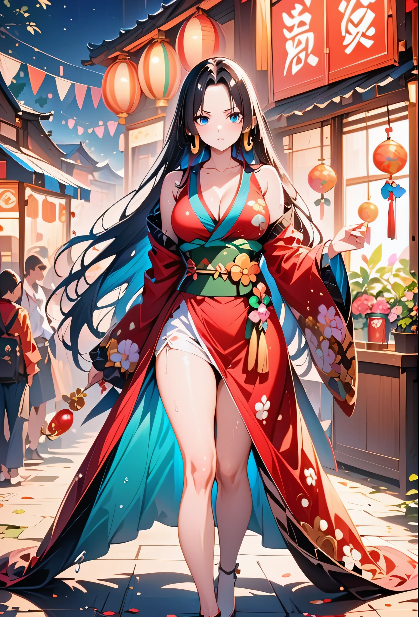 1Girl, Boa Hancock , One Piece, exquisite eyes,beautiful,detailed lips,wearing a beautiful kimono,attending a summer festival under a starry night sky. The girl is exploring the festival shop and admiring the colorful decorations and traditional crafts. The scene is filled with vibrant colors and a festive atmosphere. The artwork is a masterpiece with high resolution and ultra-detailed portrayal of the characters and their surroundings. The summer festival theme is emphasized, with the warm tones and joyful ambiance showcased through the lighting and colors. full body art, looking at viewer, (detailed:1.3) image, (intricate:1.2)(wet season:1.3), (masterpiece:1.2), (best quality:1.2), newest, intricate details, AI-generated, anime screencap, traditional Japanese elements, festive atmosphere.,g0th1cxl, glowing, neon,detail1eye,