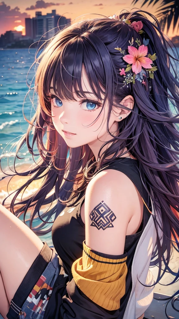 (masterpiece, best quality, ultra detailed, ultra high resolusion, highres,8k:1.4), BREAK,(from side:1.2), 20_years_old, 1giri, (sitting-on-the-edge-of-the-waves:1.3), smile, beach, (looking away:1.7), (dark_skin:1.2),(tribal_tatoo:1.2),(wavy hairs),(messy hair),(asymmetry bangs),(multicolored hair),
Tsurime Eyes, (((blue eyes))),
((flower hair ornament)),(shortpants,tanktop:1.4), (sunset:1.3),