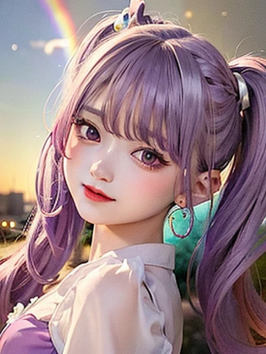 Small face、 )Very detailed,Bright colors, Very beautiful detailed anime faces and eyes, Look straight ahead, Shiny_skin,girl, (((Rainbow Hair, Colorful Hair, Half purple hair、half red hair: 1.2))), 、Shiny hair, Delicate beautiful face, blush、Glasses、(Turquoise Eyes), , Valletta, Earrings,、((Flower Garden、Sunset、Luxury Hotel))、((Silver、translucent、Short sleeve、Floral、race、Lolita、blouse))、(Twin tails)、(smile、Happy Face、face dyed red)、Cheerful pose、dynamic、Upper Body、