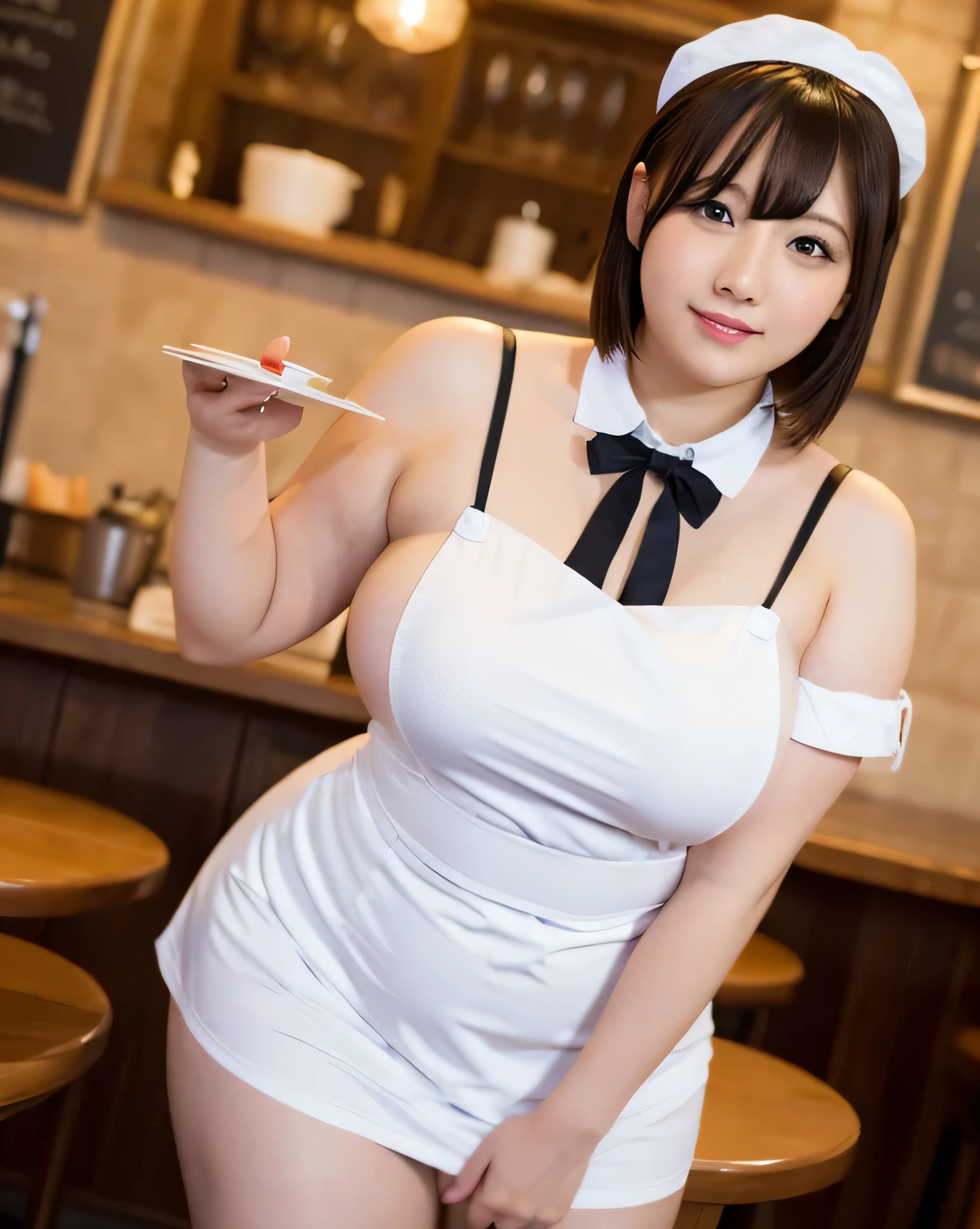 nsfw, 1boy and 1female, penis, fellatio, Overweight, Extremely fat, Chubby, Japanese woman wearing Waitress costume, cafe, 4k, High resolution, masterpiece, highest quality, fine skin, sharp focus, (cinematic lighting)