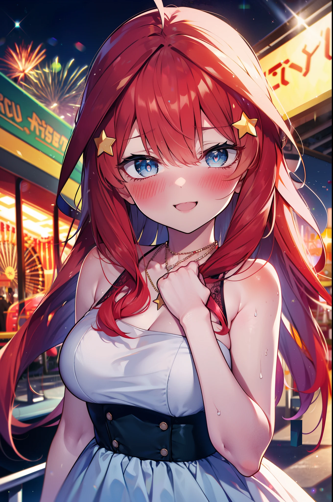 itsukinakano, Itsuki Nakano, bangs, blue eyes, Hair between the eyes, Ahoge, Redhead, star \(symbol\), hair ornaments, star hair ornaments,smile,blush,happy atmosphere,
(Great Laugh:1.1), (Open your mouth:1.1), Sun glare, Bokeh, Written boundary depth, blurred background, Particles of light, Strong winds, White long skirt integrated dress,Exposing shoulders,bare clavicle,Bare neck,Bare arms,Cute Sandals,slouch,Look up,night,moonlight,star,romantic,Heart Necklace,amusement park, roller coaster, carousel, Bumper Car, Ferris wheel, water park,firework, break looking at viewer, Upper Body, whole body,(Cowboy Shot:1. 3) break outdoors, amusement park break (masterpiece:1.2), highest quality, High resolution, unity 8k wallpaper, (shape:0.8), (Fine and beautiful eyes:1.6), Highly detailed face, Perfect lighting, Highly detailed CG, (Perfect hands, Perfect Anatomy),