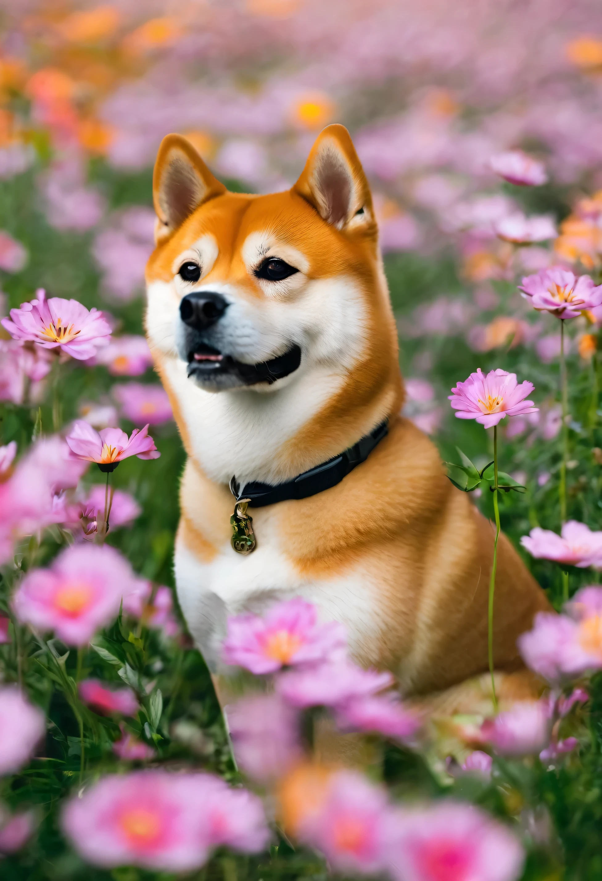 shiba inu in a flower field