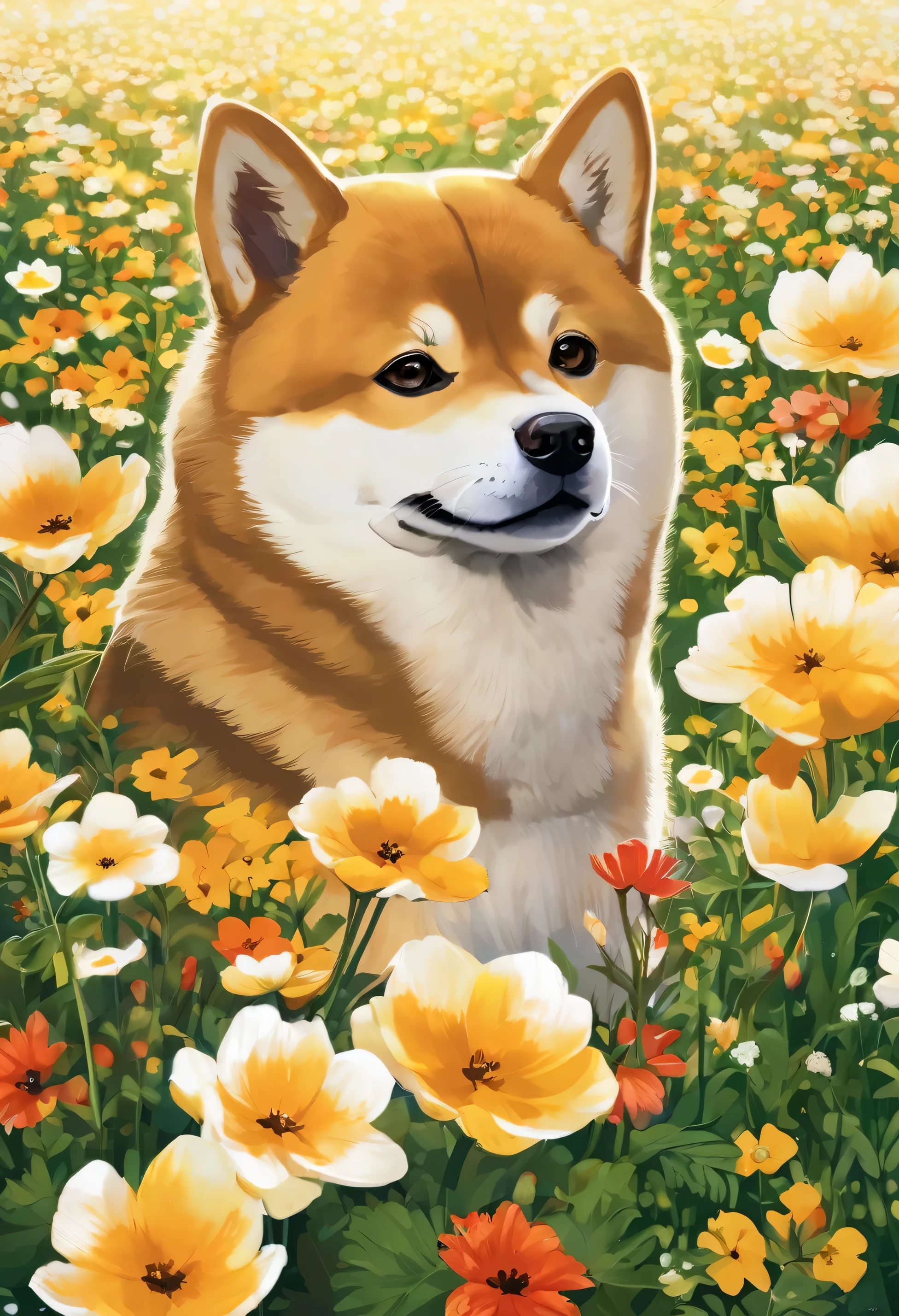 shiba inu in a flower field
