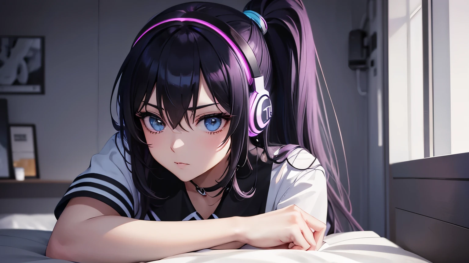 2d anime style, adult woman, she is listening to trance music with headphones, beautiful eye, beautiful intricate triadic light color ponytail hair, modern casual clothes, bedroom with modern lighting and decor, high-tech, full body, rich in details, masterpiece, mix of bold dark lines and loose lines, awesome full color, ultra detailed face, 8k resolution, neon lights