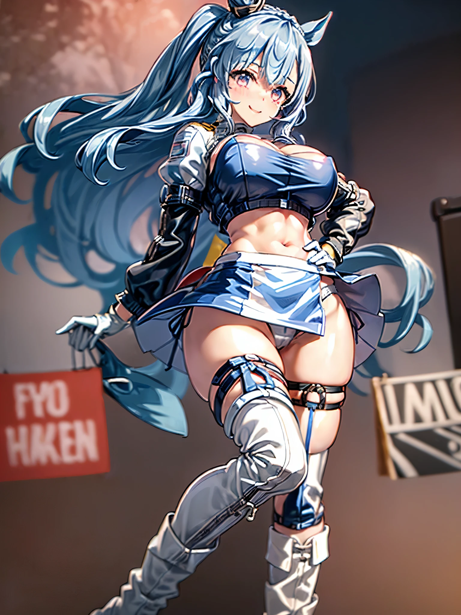 (8k, best quality, masterpiece:1.2), ultra-detailed, (high brightness:1.3), (high contrast:1.1), (high saturation:1.1), (anime screencap:1.20), 1girl, ((solo:1.20)), (mejiro ardan \(umamusume\))), ((animal ears, horse ears, horse girl, horse tail)), ((long hair:1.10)), ((light blue hair:1.5)), ((((hair ornament:1.5)), (ear ornament:1.3), cute, ((Detailed details eyes:1.5)), cute, (red blush:1.5), (((((race queen:1.10))))), skirt, ((blue skirt:1.10)), ((white jacket:1.10)), ((boots:1.10)), (gloves, black gloves), jacket, midriff, ((full body:1.20)), breasts, thigh boots, navel, half gloves, cropped jacket, ((high heel boots:1.10)), ((white footwear)), jacket removed, ((thighhighs:1.10)), planted, high heels, ((thigh strap:1.5)), (((saggy large breasts:1.20))), (((cleavage:1.20))), ((miniskirt:1.20)), ((cute smile, happy)), (((bandeau:1.20))), standing, holding, ((crop top:1.10)), (((puffy nipplse:1.20))), (((large areola:1.10))), (((show panties:1.20))), (((white highleg panties:1.20))),