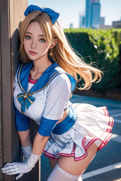 ((masterpiece, best quality,absurds)),supergirl( 1 woman,solo, long blonde hair, 21 years old,expressive blue eyes,huge breasts), cheerleader uniform (((mini sleeveless gym top, pleated mini skirt,white thong panties with garter, stocking))supergirl cosplay) , back straddling ass, college football stadium,other buildings blurred to the bottom of the picture,  sunset
