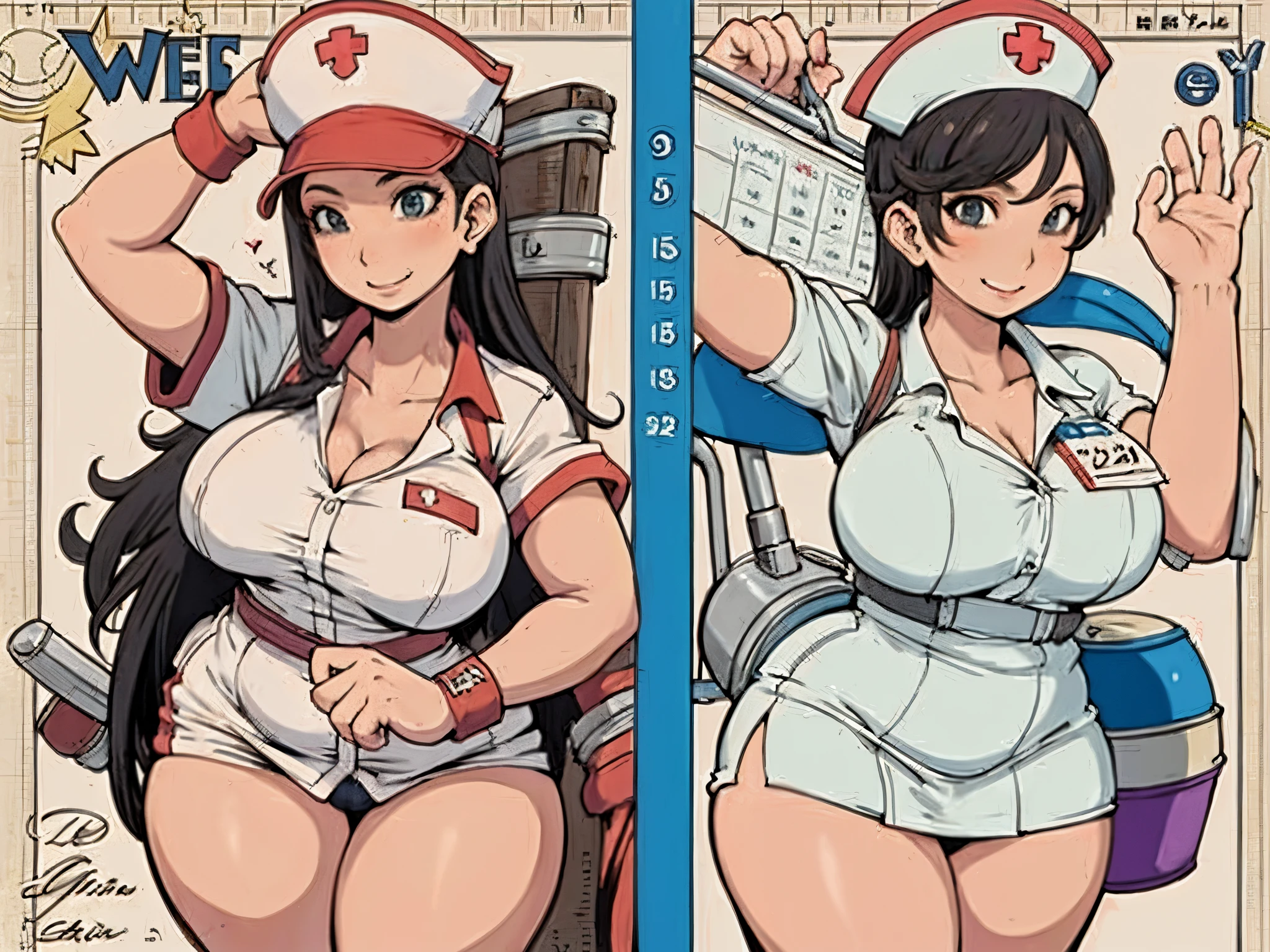 ((masterpiece)),(((best quality))),((character design sheet)),((rough sketch)),((vulgar)),thick thighs,african girl,((between breasts)),pussy juice,((wearing an Wet sexual nurse uniforms and nurse cap)),shirt harf lift,milking