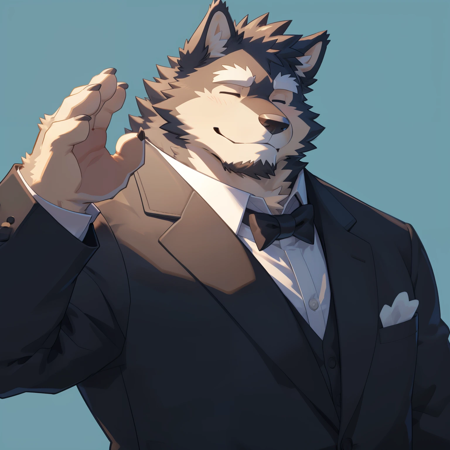 Scribble 德国牧羊dog face,Cute face,Humanity(dog),(Suit:1.3),Chubby,(white eyebrows:1.1),(With eyes closed:1.2),(perfect black eyes),Simple background, Blue Background,print style。(Artist:Takemoto Arashi)
