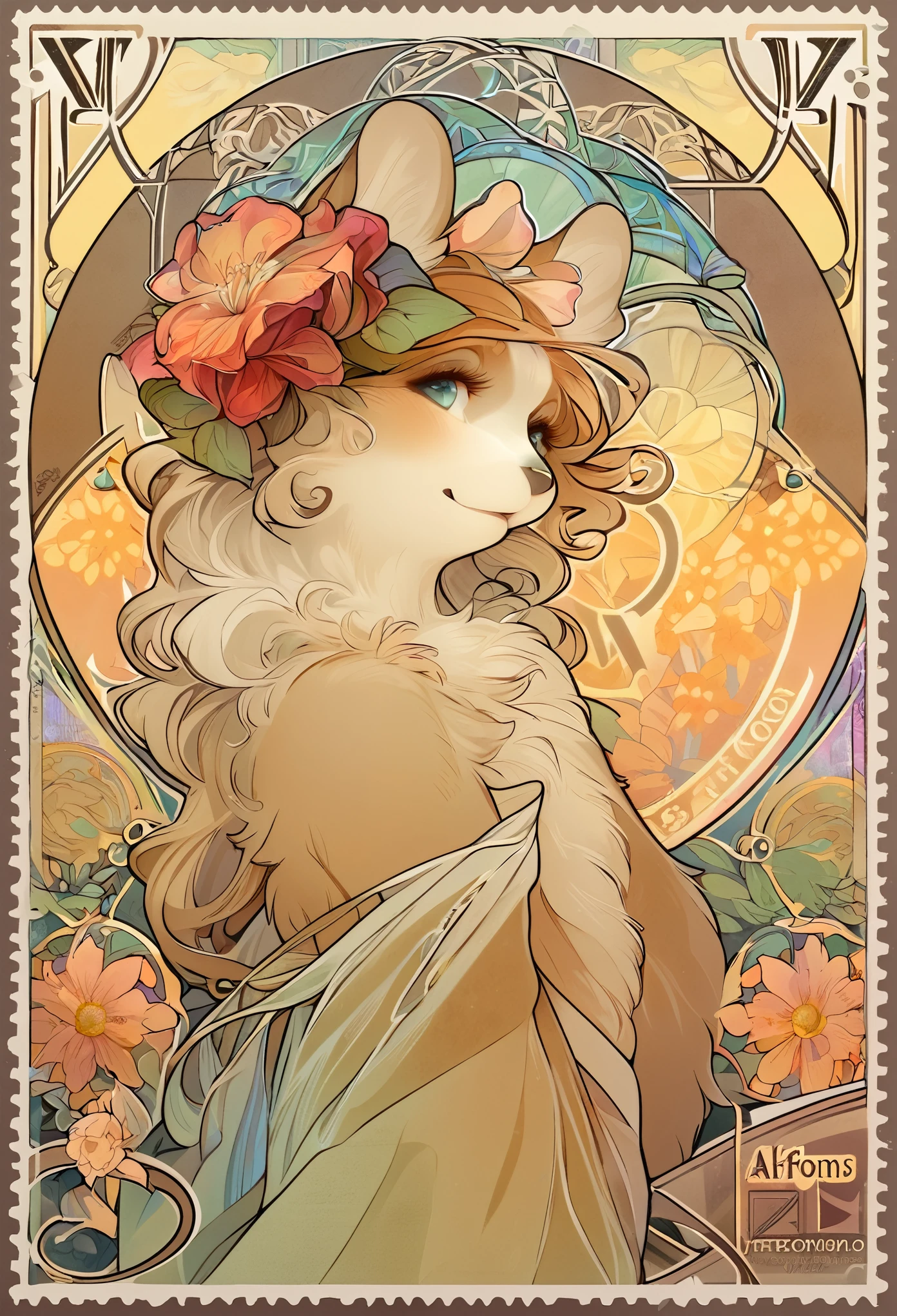 top quality, best quality, logo mark, stamp, Geometric pattern, vector-art, High-quality illustrations by Alfons Mucha, masterpiece(kemono, furry anthro)flower,