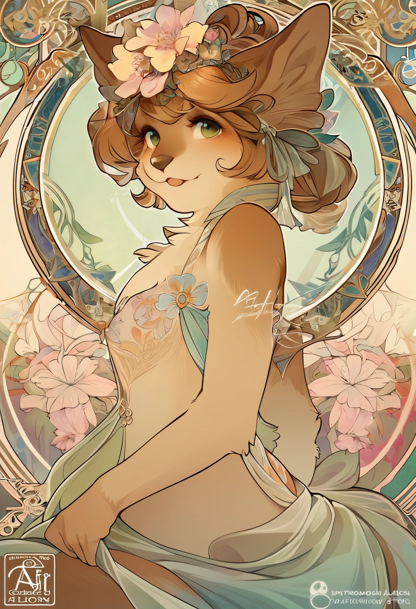 top quality, best quality, logo mark, stamp, Geometric pattern, vector-art, High-quality illustrations by Alfons Mucha, masterpiece(kemono, furry anthro)flower,