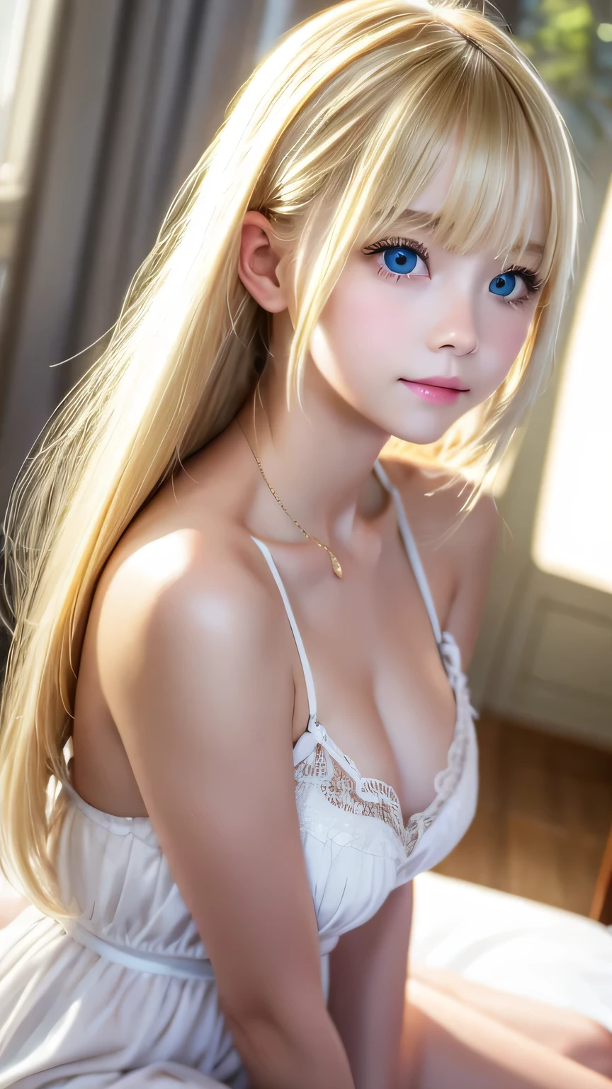 Shy expression、Photorealism、highest quality、Ultra-high resolution、photograph、Photograph of a very beautiful blonde girl from Scandinavia、Beautiful blonde girl、Detailed cute and beautiful happy face、(Pure Eros Face_v1:0.008)、Beautiful bangs、Alice in Wonderland、、Shiny white glossy skin、Bangs that reach the face、Bangs between the eyes、super long blonde hair、Attractive bright super long natural platinum blonde ponytail silky hair、Thin blonde hair、High definition eye beauty, bright and clear、The big light blue eyes shine with charm.、white lace nightdress、eyeliner、Double eyelids、Lush medium semi-nude bust、Clever、perfect beautiful young body、Perfectly proportioned body、bedroom、Sit on the bed、Sit down、Small Face Beauty、Cheek gloss highlight