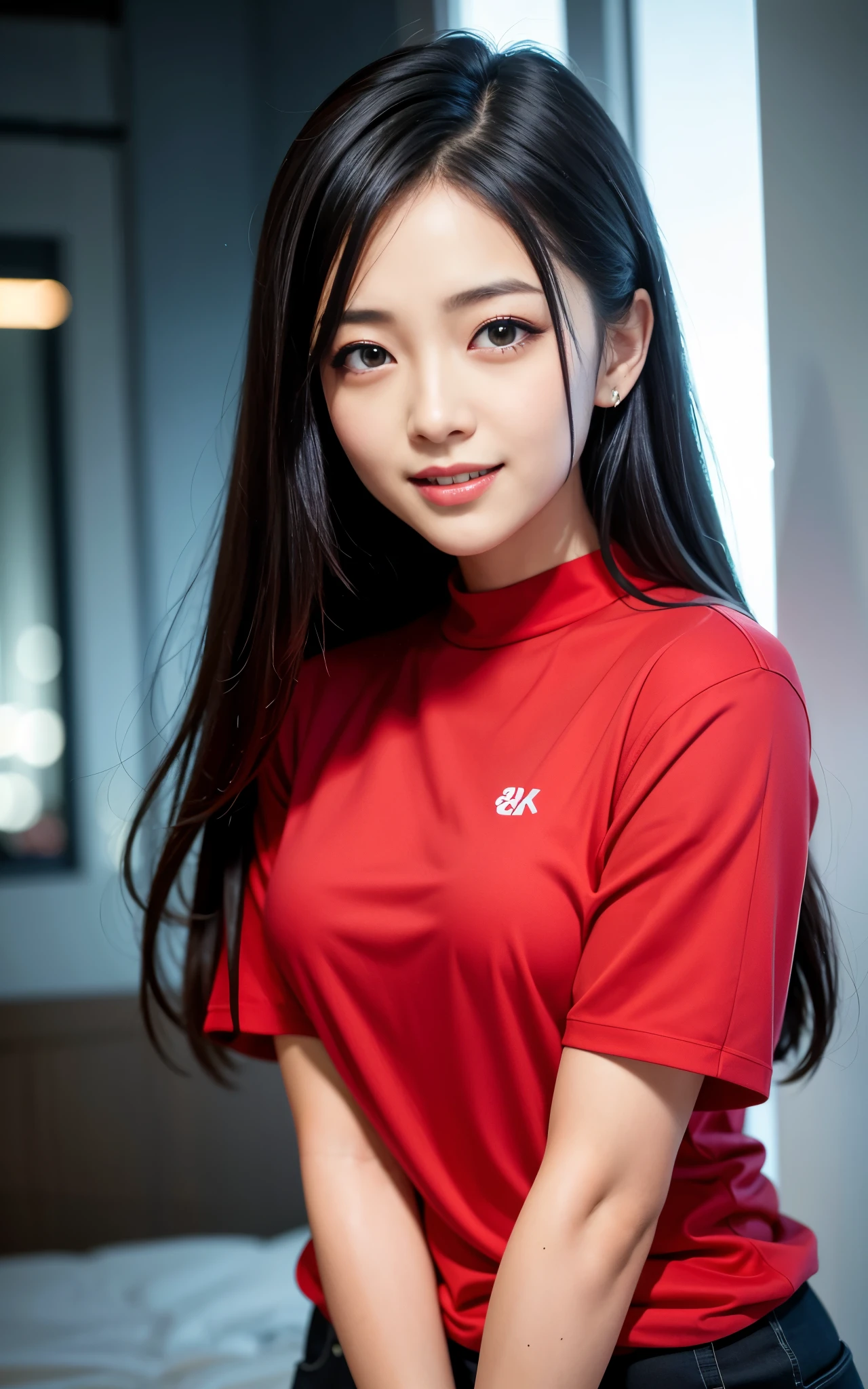 highest quality, figure, Ultra-detailed, finely, High resolution, 8K Wallpaper, 完璧なダイナミックな構figure, Beautiful Skin, (Big Eyes), 20 year old beautiful girl, Natural color lip, (Sexy pose), Mid chest, smile, Highly detailed face and skin texture, Detailed eyes, Double eyelid,leaking teeth and laughing, close-up, from below, Long black hair, (Red shirt:1.2), Night view