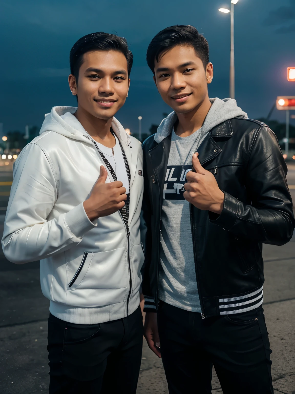a man and a male vocalist from Indonesia posing for a photo in front of the international airport at night, a Javanese man from Indonesia with neat white hoodie hair with Ariel from the Indonesian band Noah, Indonesian star, Handsome - smooth face, with a beautiful smile , handsome face with short black hair leather jacket. thumbs up.