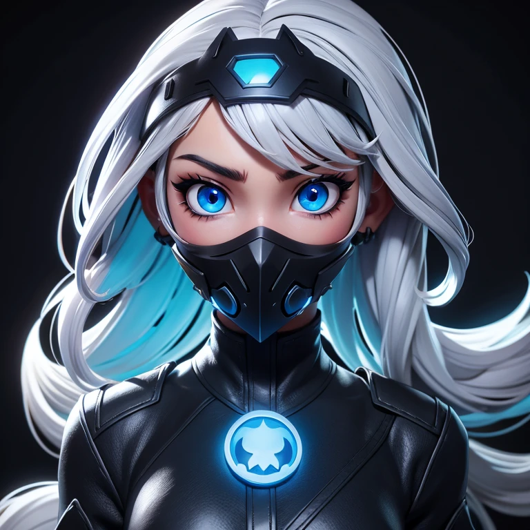 girl anime,using black mask,black background,silver hair,blue glows eyes,gamer
