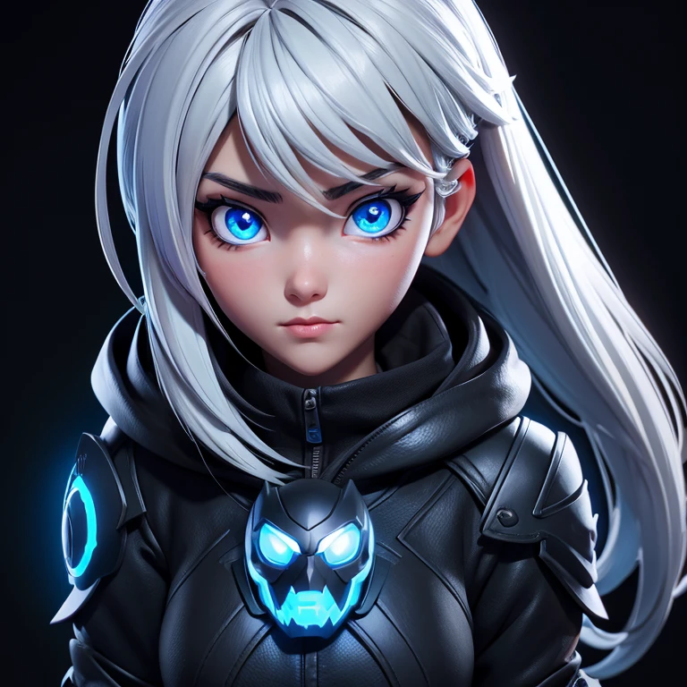 girl anime,using black mask,black background,silver hair,blue glows eyes,gamer