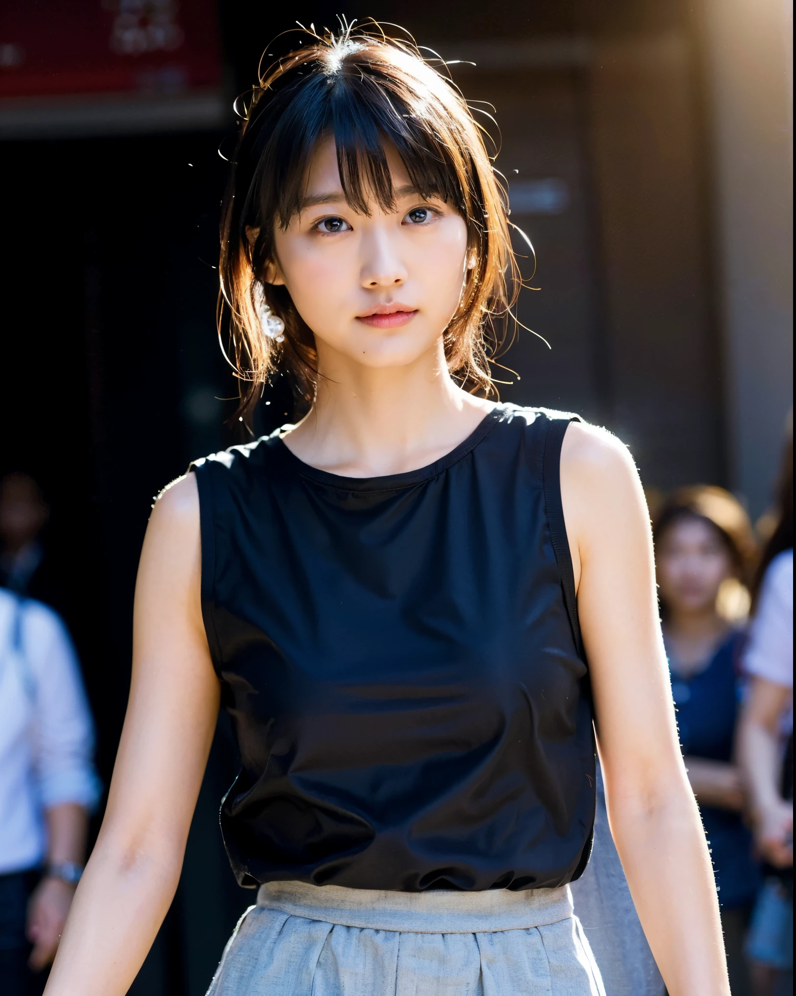 (8k, RAW Photos, highest quality, masterpiece:1.2), Super detailed, Super Resolution, (Realistic, Realistic Photo:1.37), Portraiture, High resolution RAW color photos, Professional photos, Very detailedで美new, Very detailed, 8k wallpaper, Amazing detail, Large file size, Official Art, highly detailed CG unity 8k wallpaper, Very detailed美少女, Very detailed顔, Very detailed目, Very detailed肌, Very detailed指, Very detailed鼻, Very detailed詳細な口 , Perfect Anatomy, Very detailed背景, Very detailed衣服, 1 girl, (18:1.2), 20th Generation, cute girl, Realistic body, small, Fair skin, Glowing Skin , Because I'm Slim, handsome body, Black Hair , curly hair, (Blunt bangs:1.2), smile, cute, like々new, cute face, Realistic face, Delicate eyes, Droopy eyes, Gunmetal Grey T-Shirt, Short skirt, Earrings, Looking at the audience, Cowboy Shot, Look forward, Standing position, Opposition, Dynamic Lighting, Very large breasts,