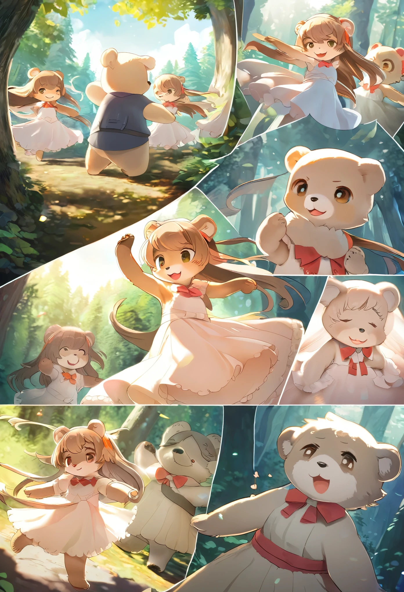 top quality, best quality, High-quality illustrations, masterpiece, super high resolution, detailed background, forest(super cute 1girl, bear, pair)singing, dancing, waltz, absurdres(highly detailed beautiful face and eyes)perfect anatomy, expression, good lighting, cinematic shadow(kemono, furry anthro)assorted poses, dynamic angle,