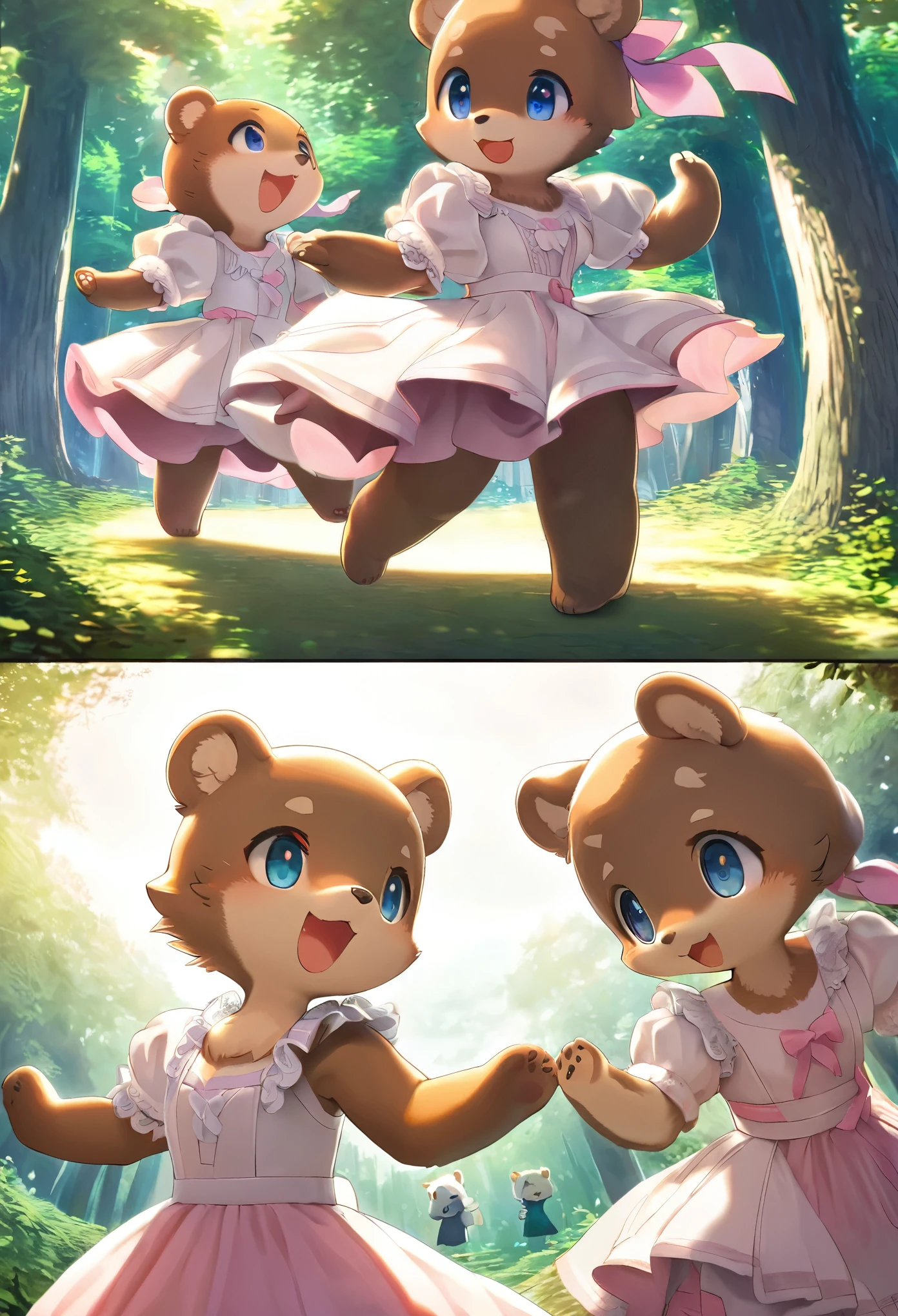 top quality, best quality, High-quality illustrations, masterpiece, super high resolution, detailed background, forest(super cute 1girl, bear, pair)singing, dancing, waltz, 6+boys, 6+girls, absurdres(highly detailed beautiful face and eyes)perfect anatomy, expression, good lighting, cinematic shadow(kemono, furry anthro)assorted poses, dynamic angle,