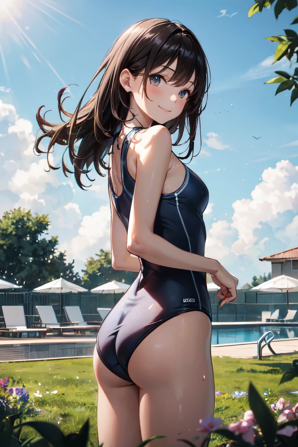 very cute and beautiful girl,(highly detailed beautiful face),(blue school swimsuit),
standing,(from behind,looking back),leaning forward,pool side,tiny colorful flowers on grassland,
(smile),looking at viewer,black hair,cowboy shot,
(best quality,masterpiece:1.0),absurdres,highres,ultra-detailed,extremely detailed,32k,
cinematic scene,detailed background,solo,dynamic angle,
hair fluttering in the wind,beautiful detailed sky,realistic,