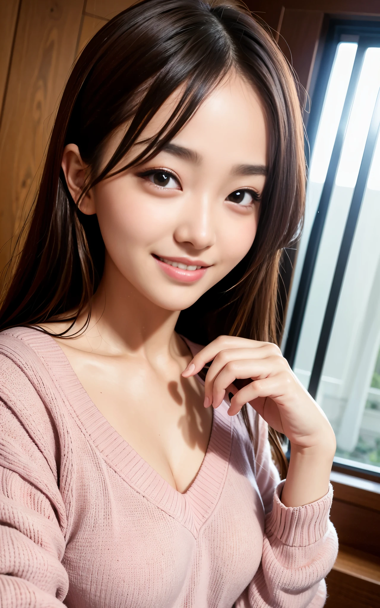 highest quality, figure, Ultra-detailed, finely, High resolution, 8K Wallpaper, 完璧なダイナミックな構figure, Beautiful Skin, (Big Eyes), 20 year old beautiful girl, Natural color lip, (Sexy pose), Mid chest, smile, Highly detailed face and skin texture, Detailed eyes, Double eyelid,leaking teeth and laughing, close-up, medium brown hair, (Pink Sweater:1.2), Beautiful Forest