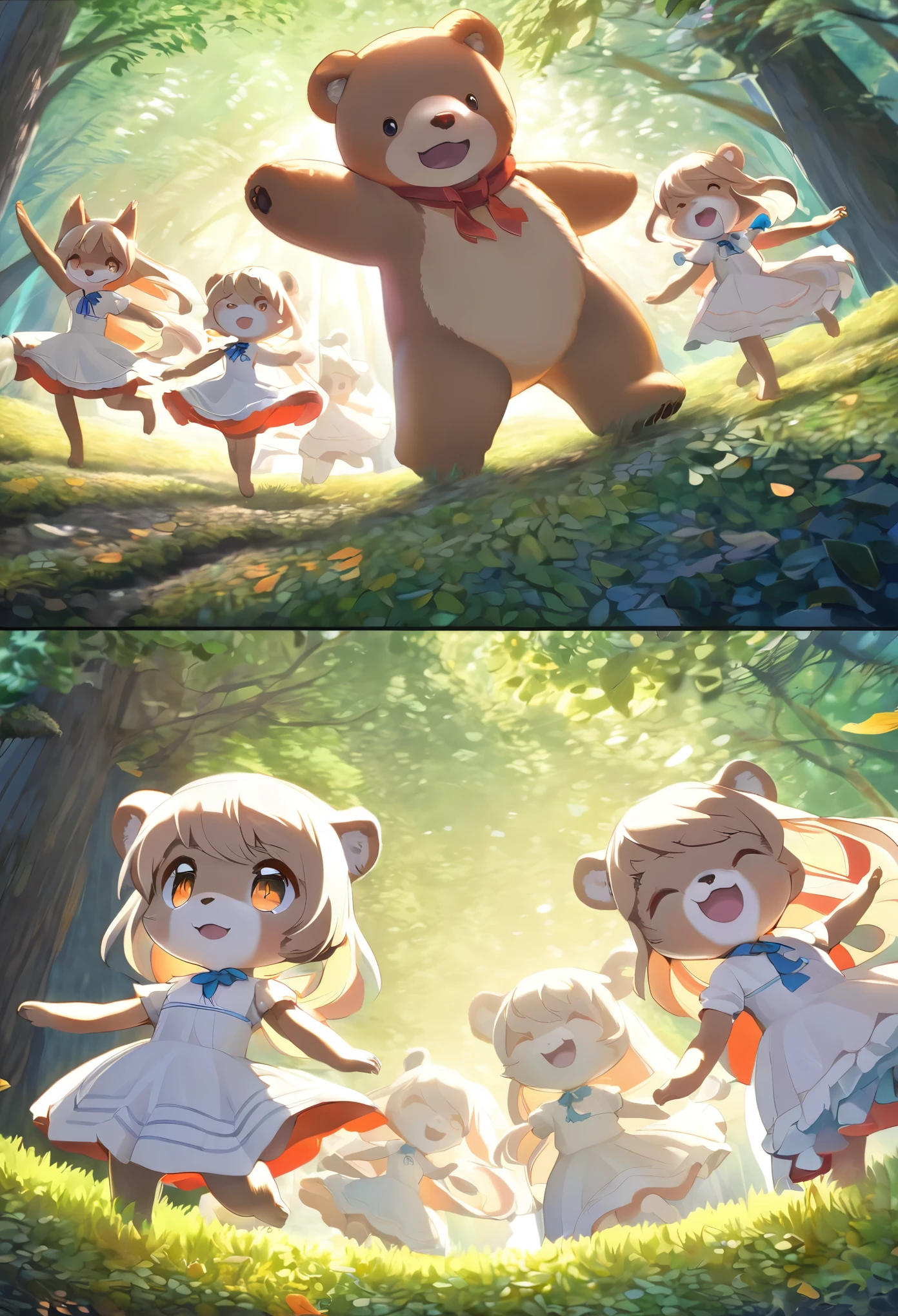 top quality, best quality, High-quality illustrations, masterpiece, super high resolution, detailed background, forest(super cute 1girl, bear, pair)singing, dancing, waltz, 6+boys, 6+girls, absurdres(highly detailed beautiful face and eyes)perfect anatomy, expression, good lighting, cinematic shadow(kemono, furry anthro)assorted poses, dynamic angle,
